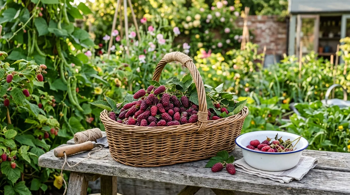 A wicker garden trug brimming with freshly picked tayberries set on a wooden garden bench in a UK kitchen garden