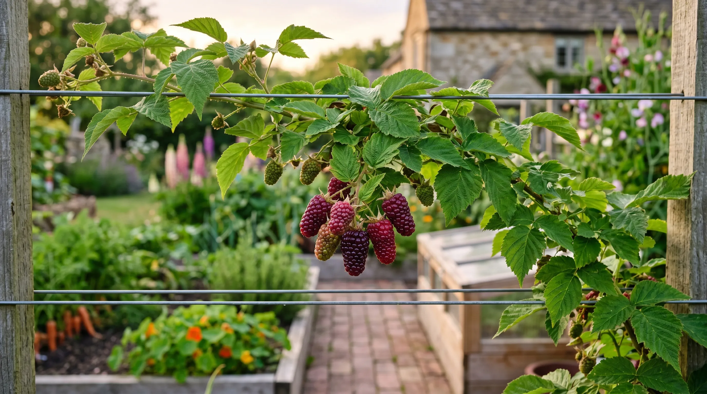UK tayberry plant trained on horizontal wires with deep purple-red elongated fruit in late July sunlight