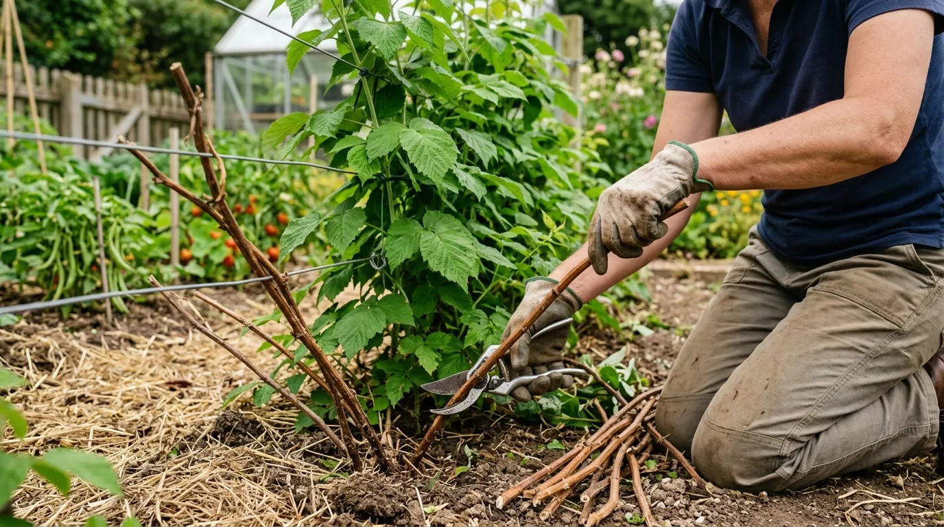 A UK gardener cutting spent fruiting canes of a tayberry at ground level with secateurs after summer harvest
