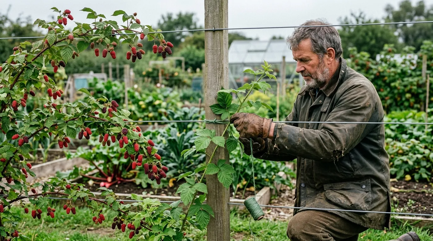 A UK gardener tying in new green primocanes to a three-wire trellis with fruiting canes loaded with red fruit fanned to the other side