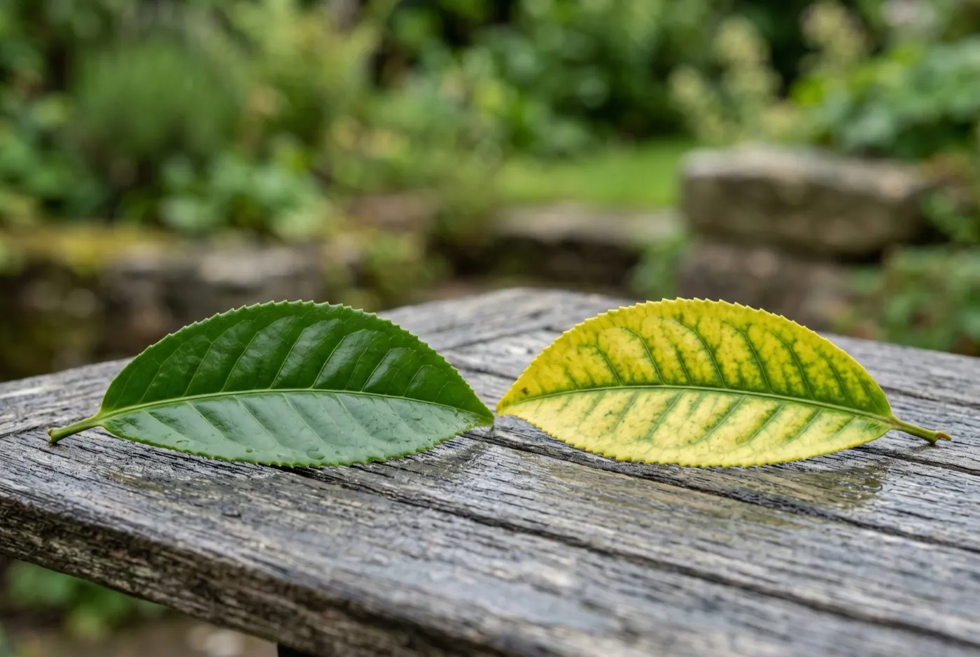 Comparison of a healthy deep green tea plant leaf next to a yellowing chlorotic leaf with green veins