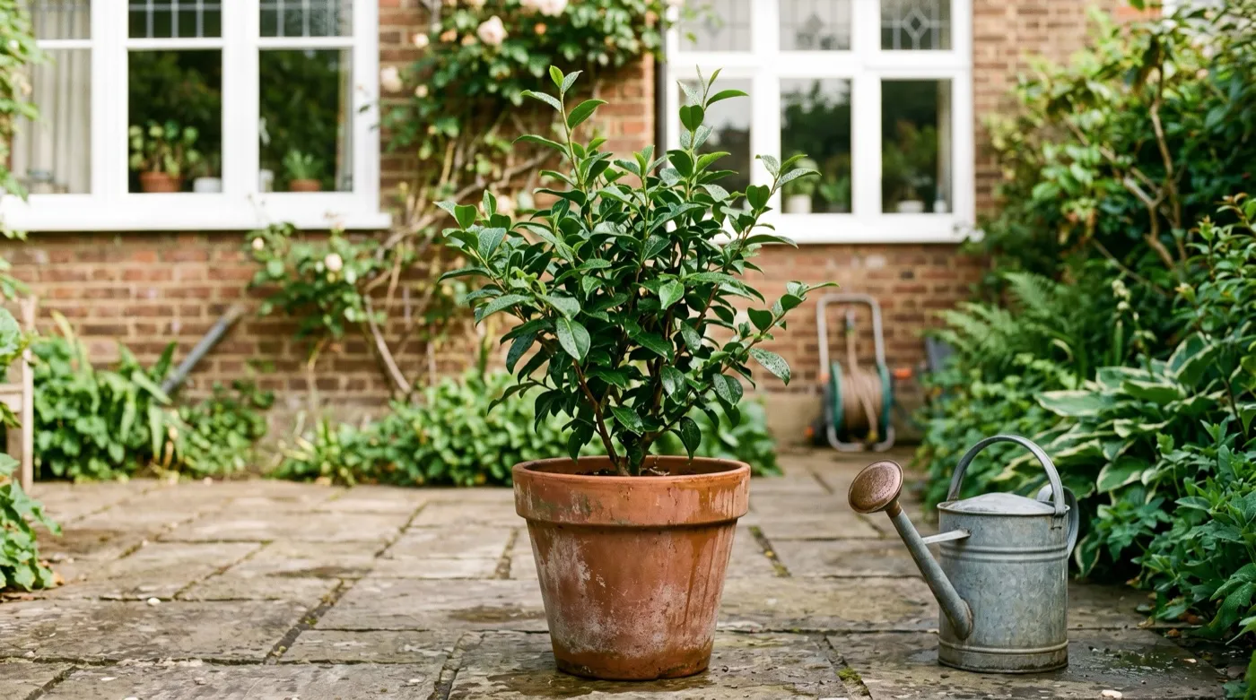 Glossy green Camellia sinensis tea plant in a terracotta pot on a UK patio in morning light