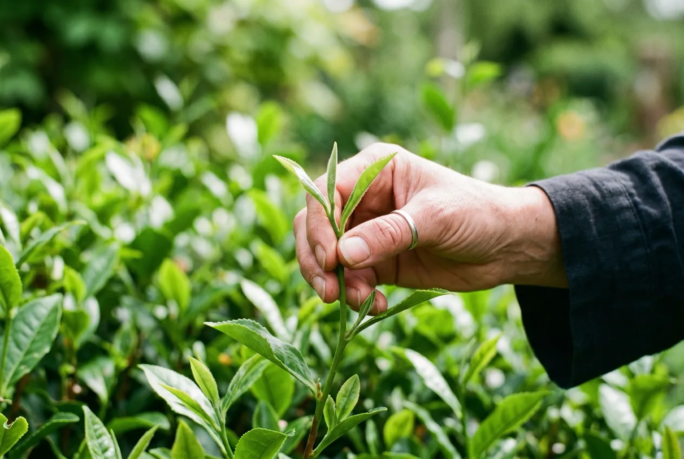 Close-up of finger and thumb plucking two young leaves and a bud from the tip of a tea plant shoot