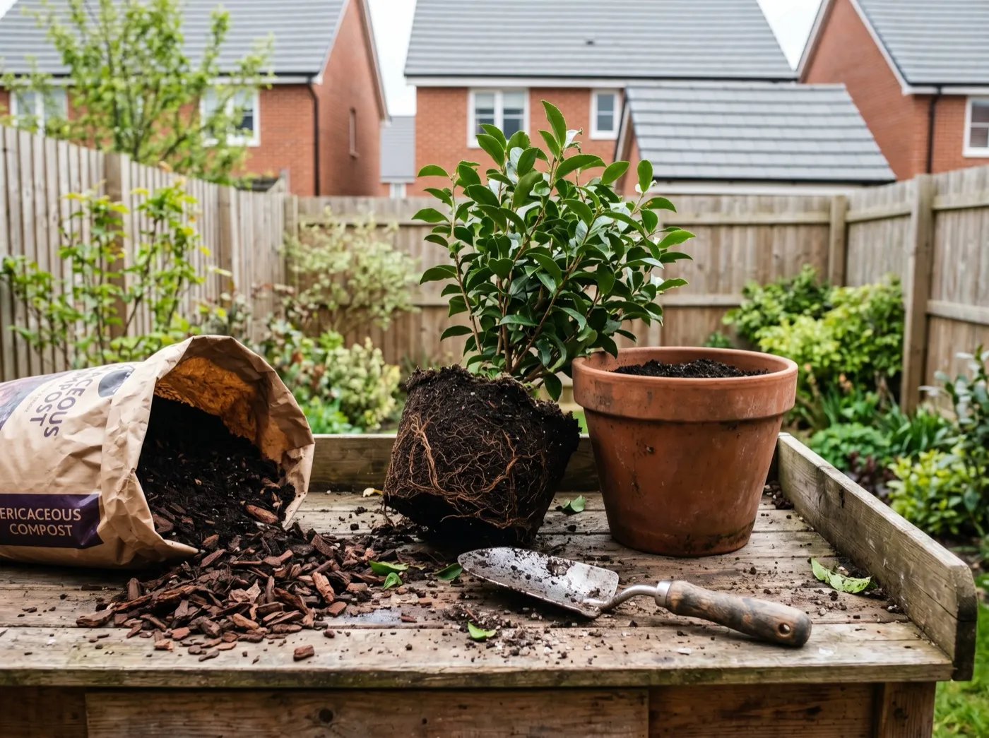 Repotting a tea plant into fresh ericaceous compost mixed with bark chips on a patio table