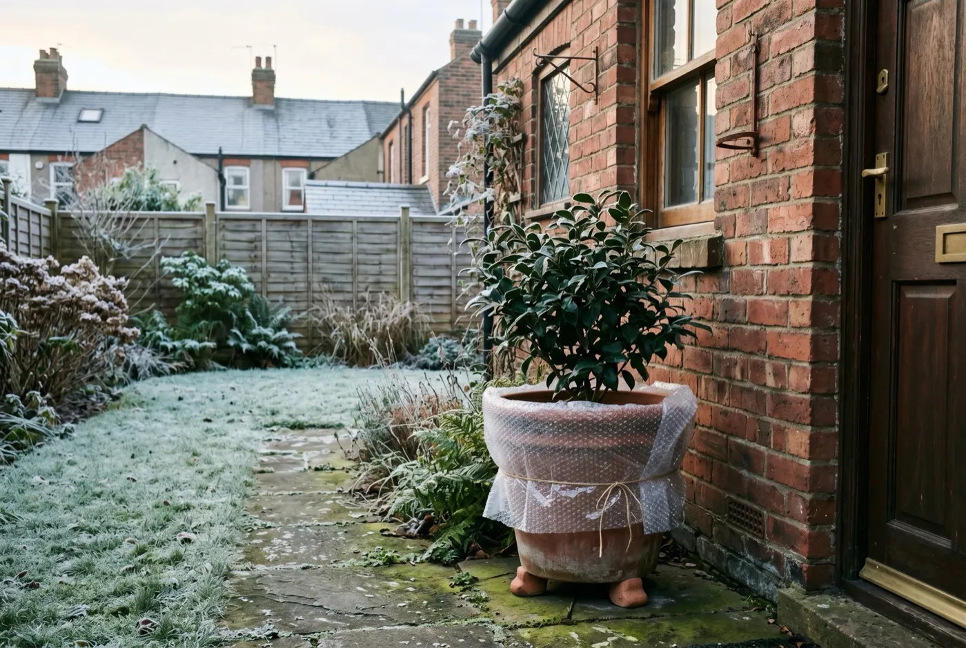Tea plant in a pot tucked against a west-facing brick wall of a UK suburban house on a frosty morning