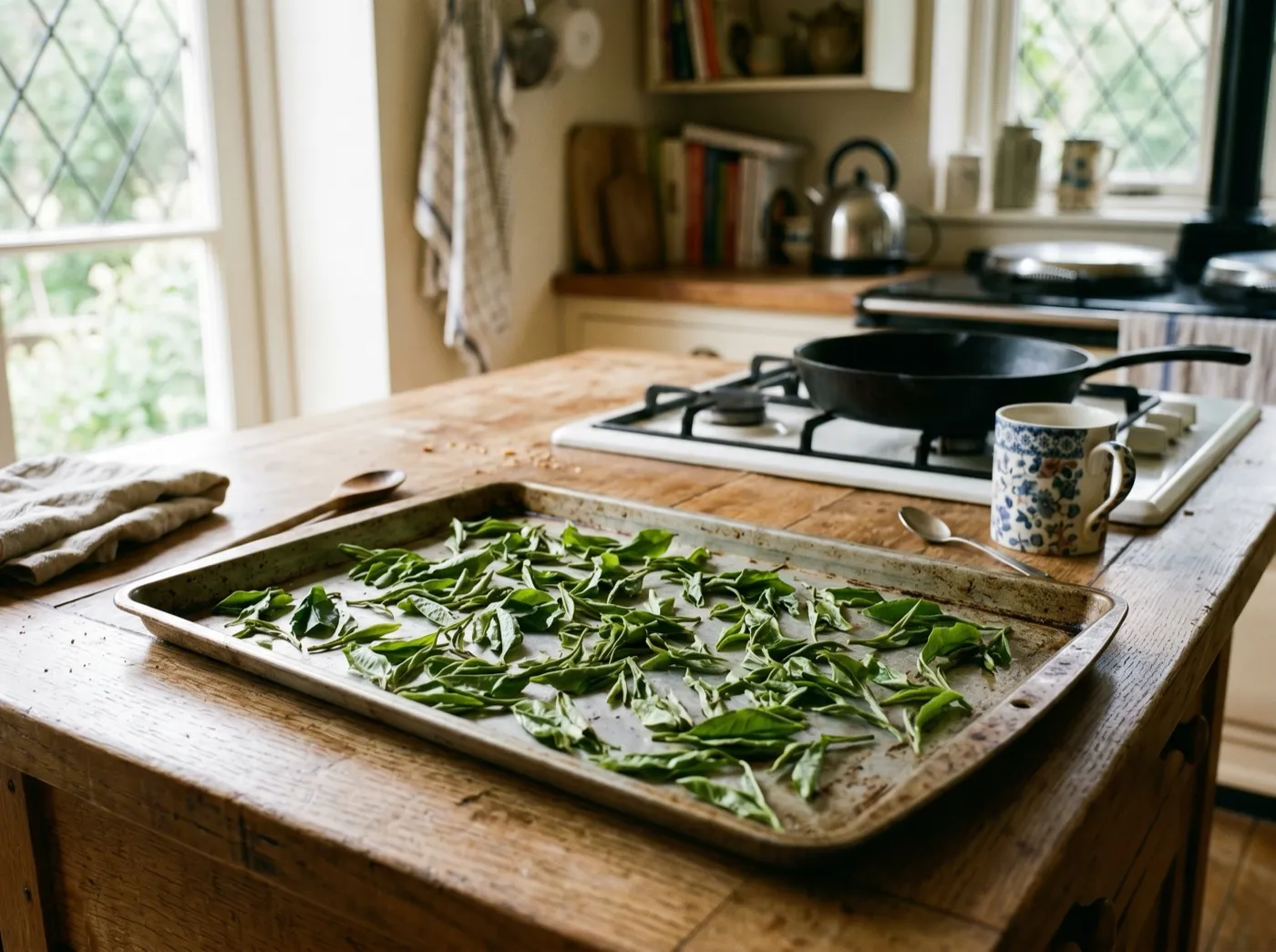 Freshly plucked tea leaves spread in a single layer on a tray withering on a kitchen worktop