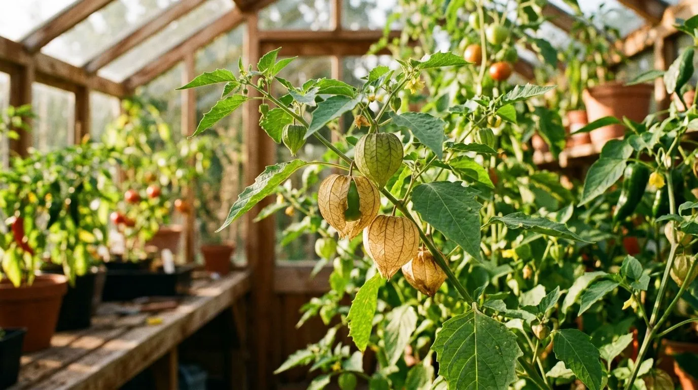 Ripe green tomatillo fruits in papery husks growing in a UK greenhouse
