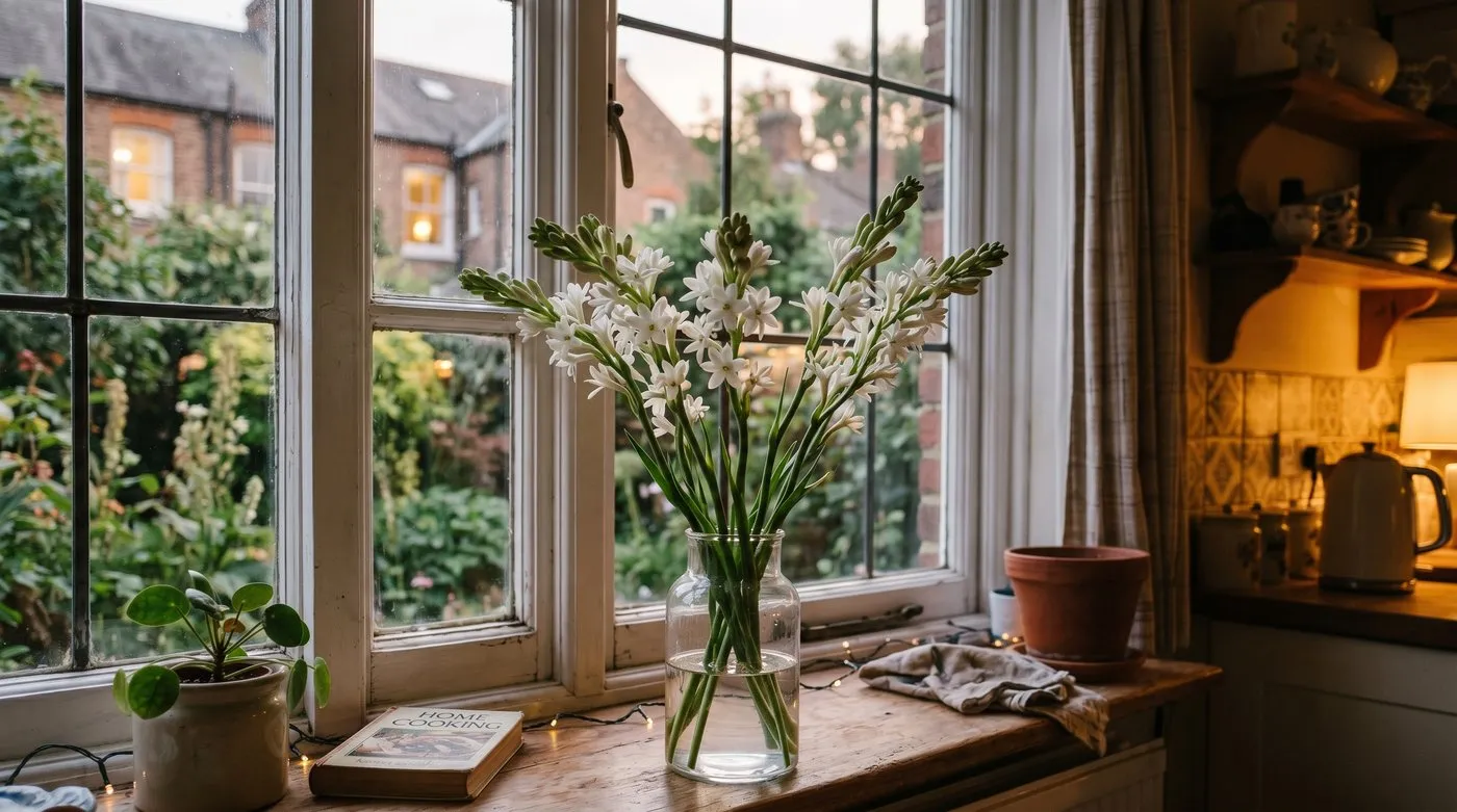 Cut white tuberose stems in a clear glass vase on a UK kitchen windowsill in evening light