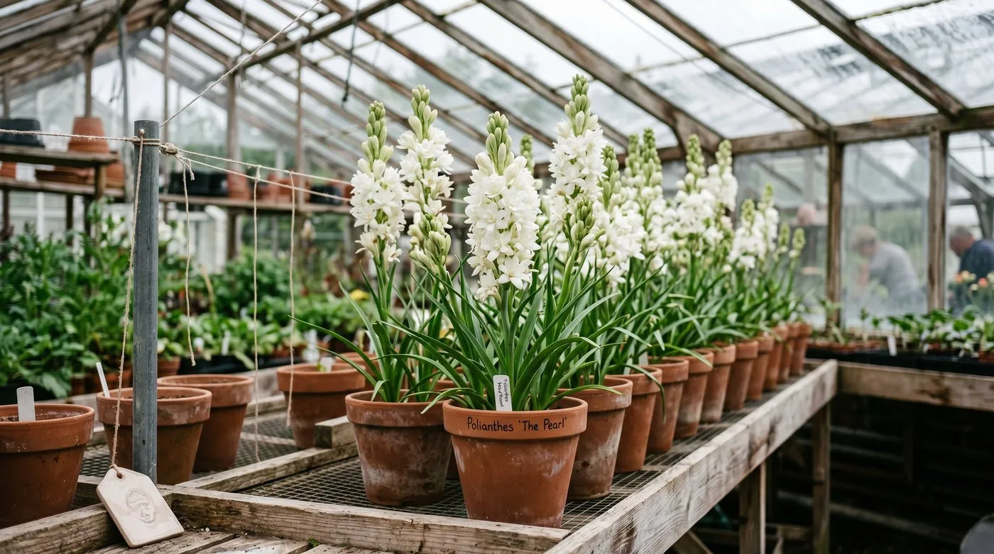 Tuberose The Pearl grown in a greenhouse row in terracotta long-tom pots for cut flowers