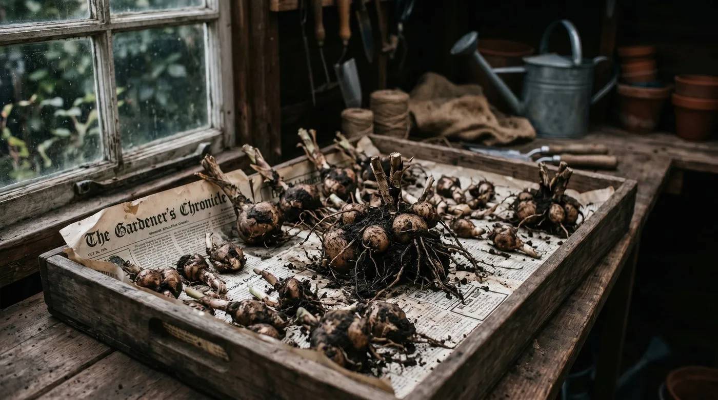 Lifted tuberose tubers and offsets drying on a newspaper-lined tray in a shed for winter storage