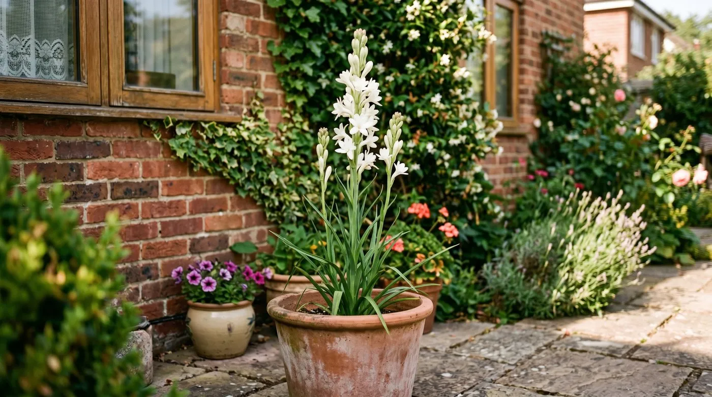 Tall flowering tuberose in a terracotta pot on a sunny suburban UK patio against a brick wall