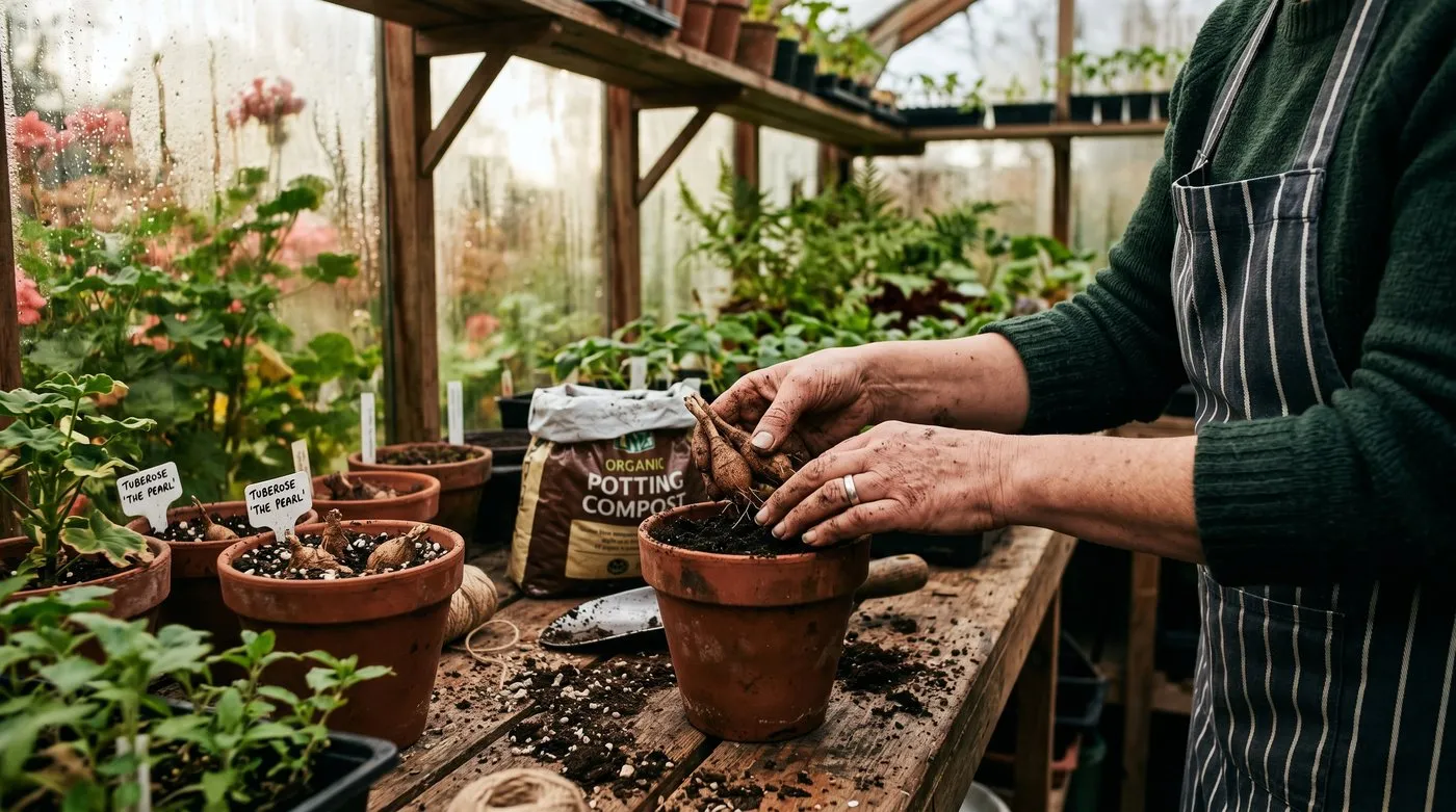 Gardener potting brown tuberose tubers into terracotta pots on a potting bench in a heated greenhouse