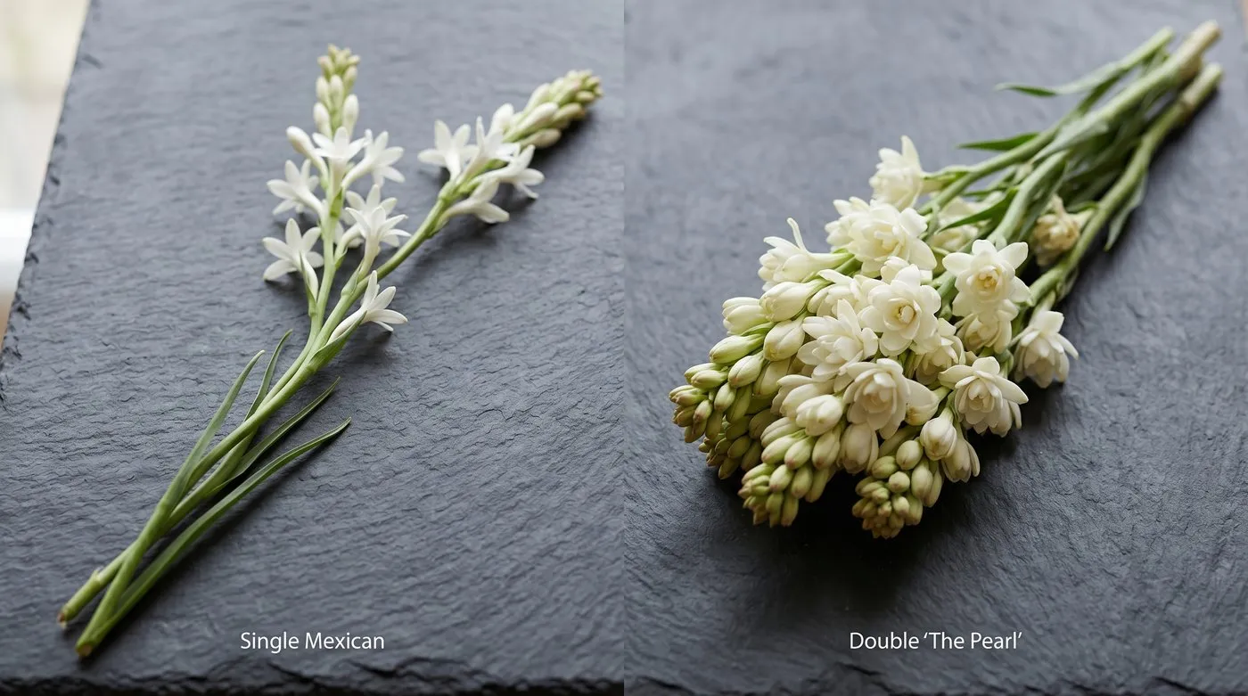 Single Mexican tuberose with star florets beside a double The Pearl spike on a slate surface for comparison