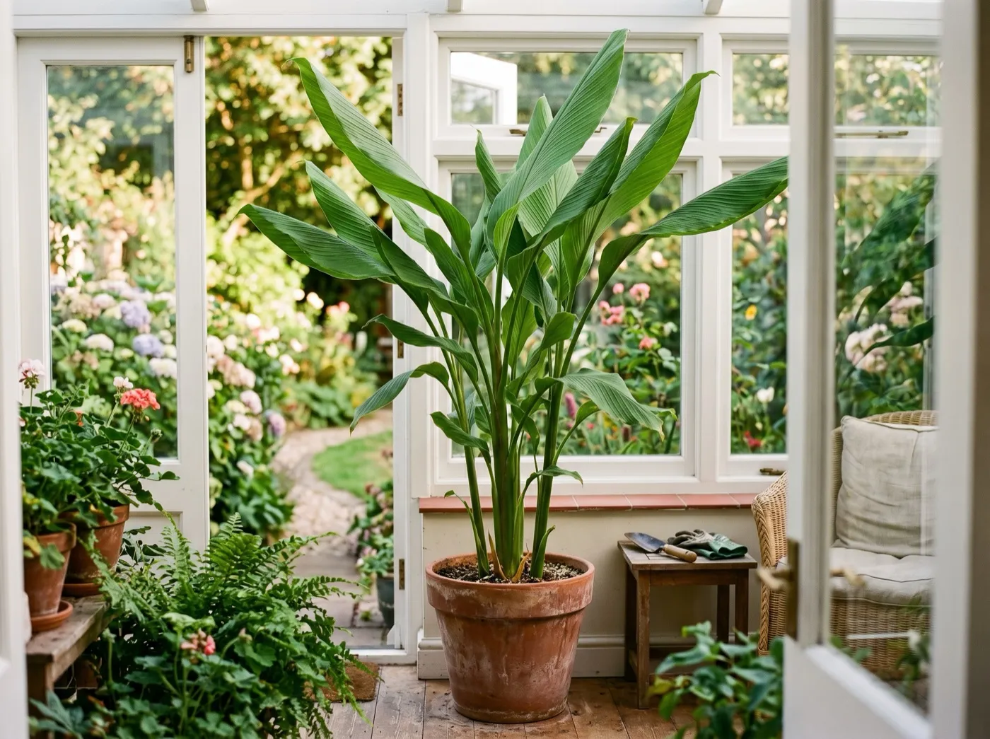 Mature turmeric plant with tall banana-like leaves thriving in a bright UK conservatory