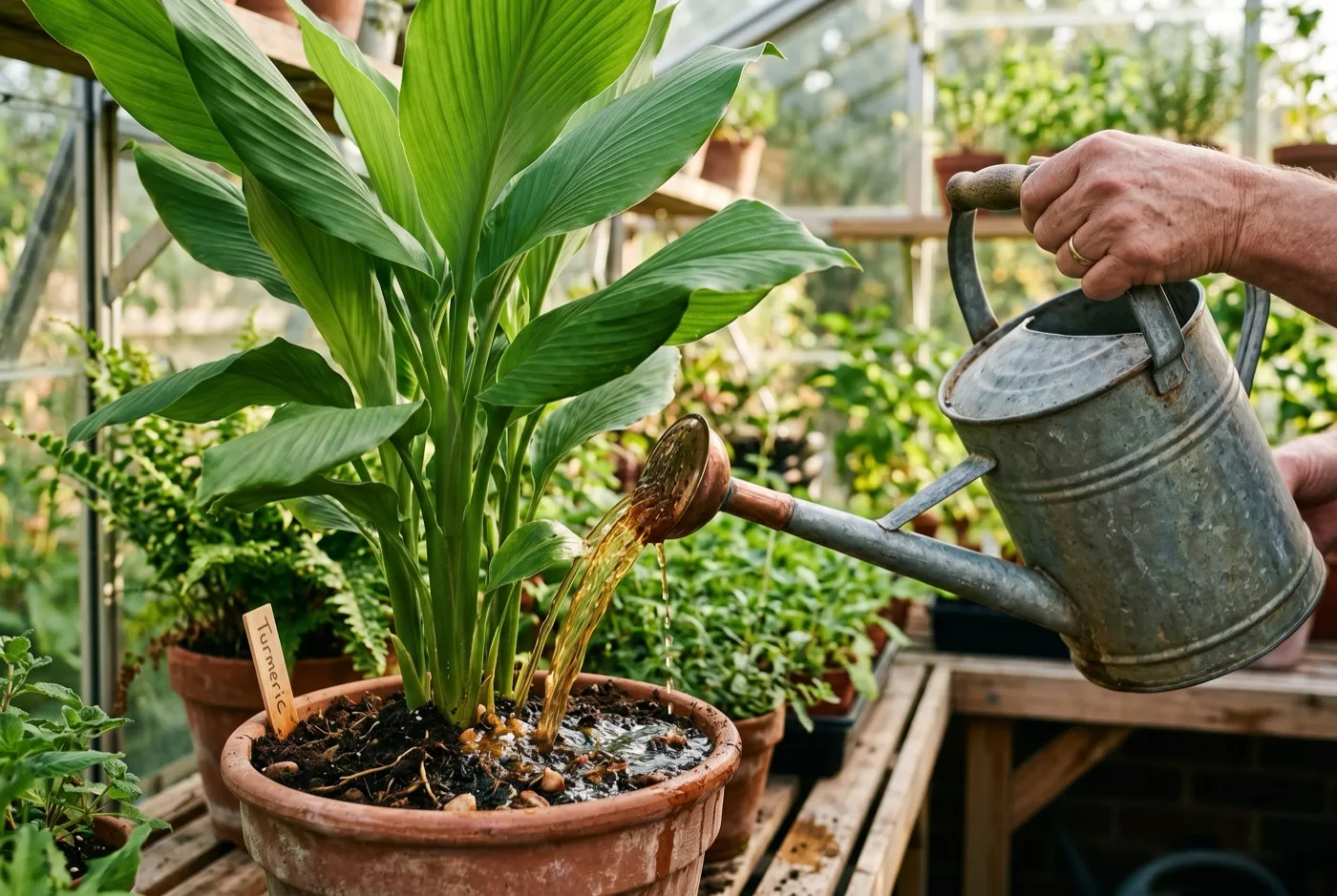 Watering can pouring high-potash feed onto a leafy potted turmeric plant in summer