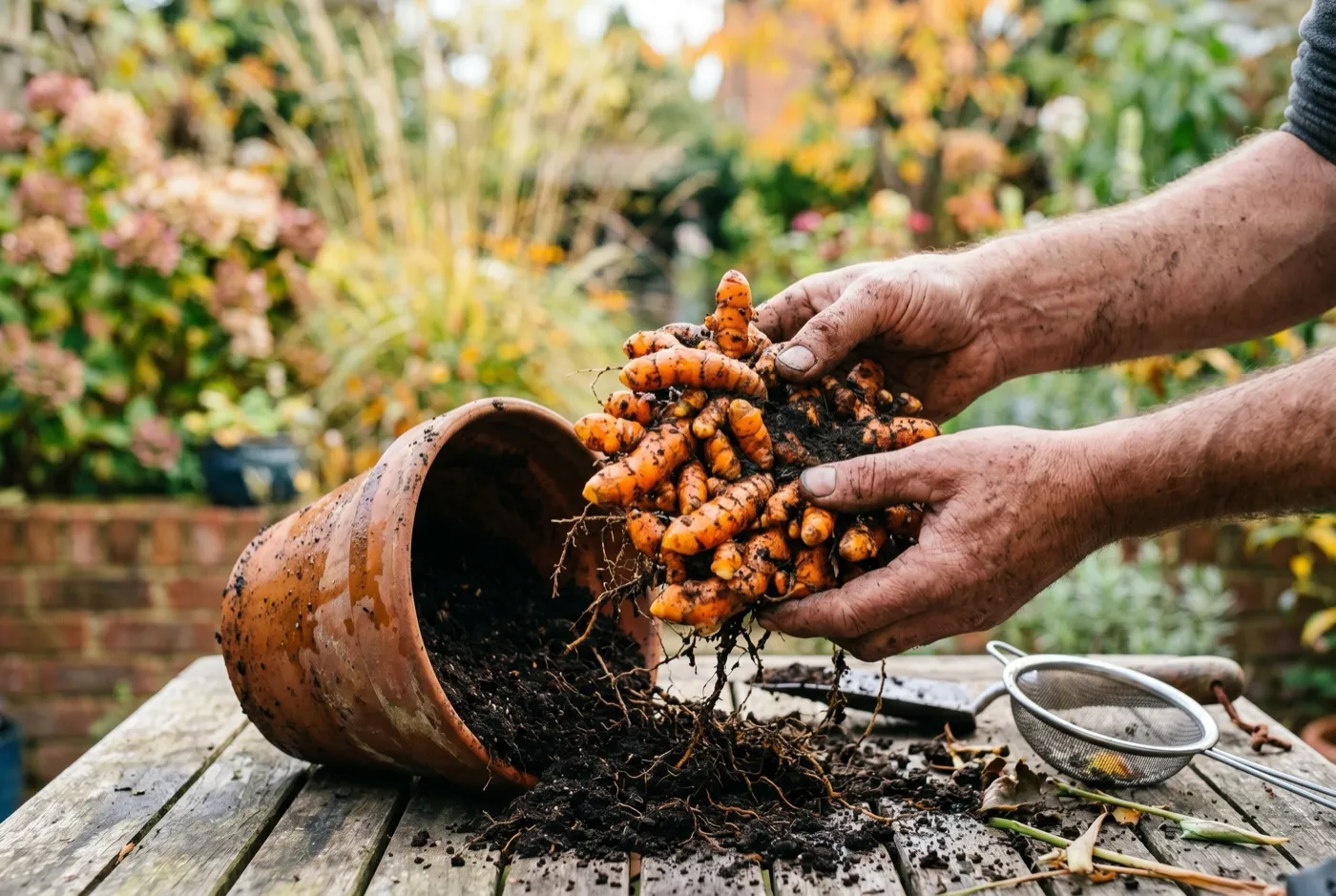 Tipped pot revealing a clump of fresh orange turmeric rhizomes ready to harvest