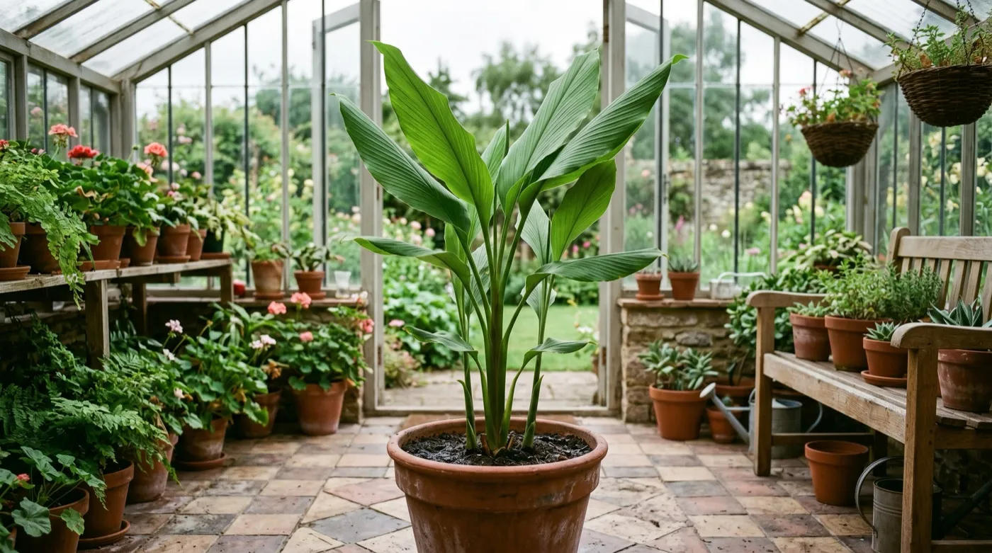 Lush potted turmeric plant with broad banana-like leaves growing in a UK conservatory