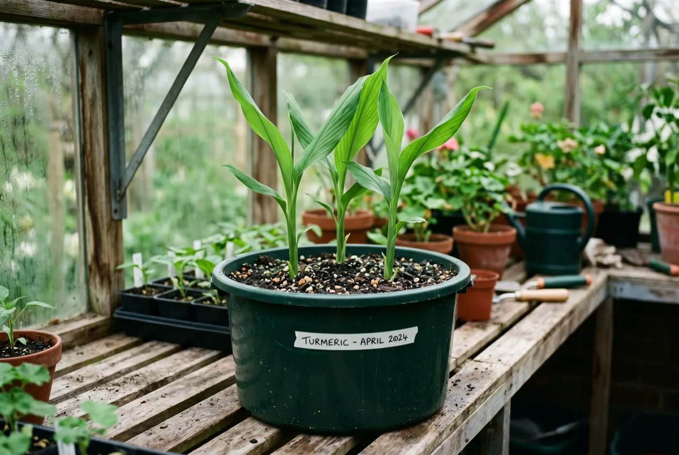 Young turmeric plant freshly potted into a ten litre container in a UK greenhouse