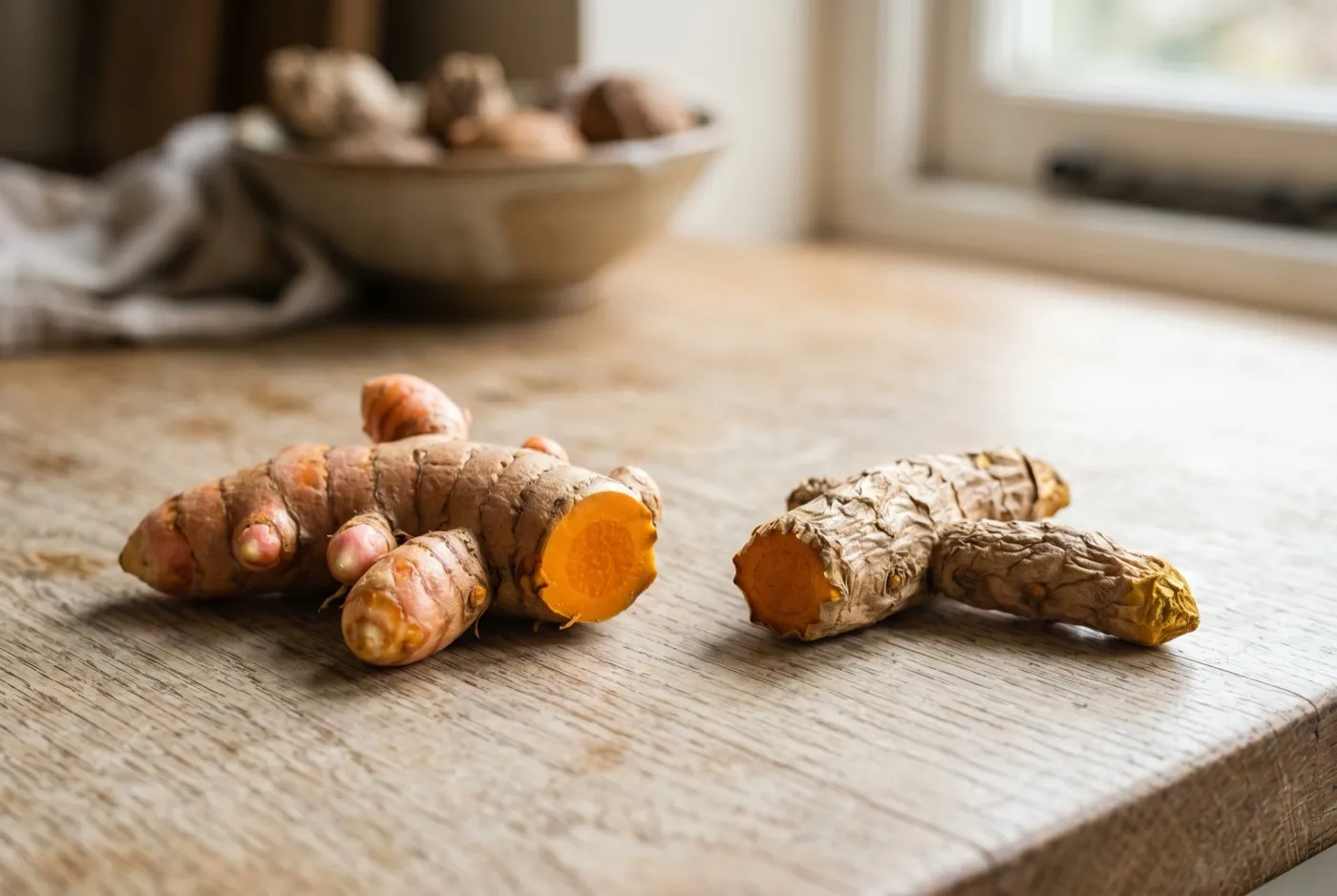 Plump budded turmeric rhizome beside a shrivelled budless piece showing which one to plant