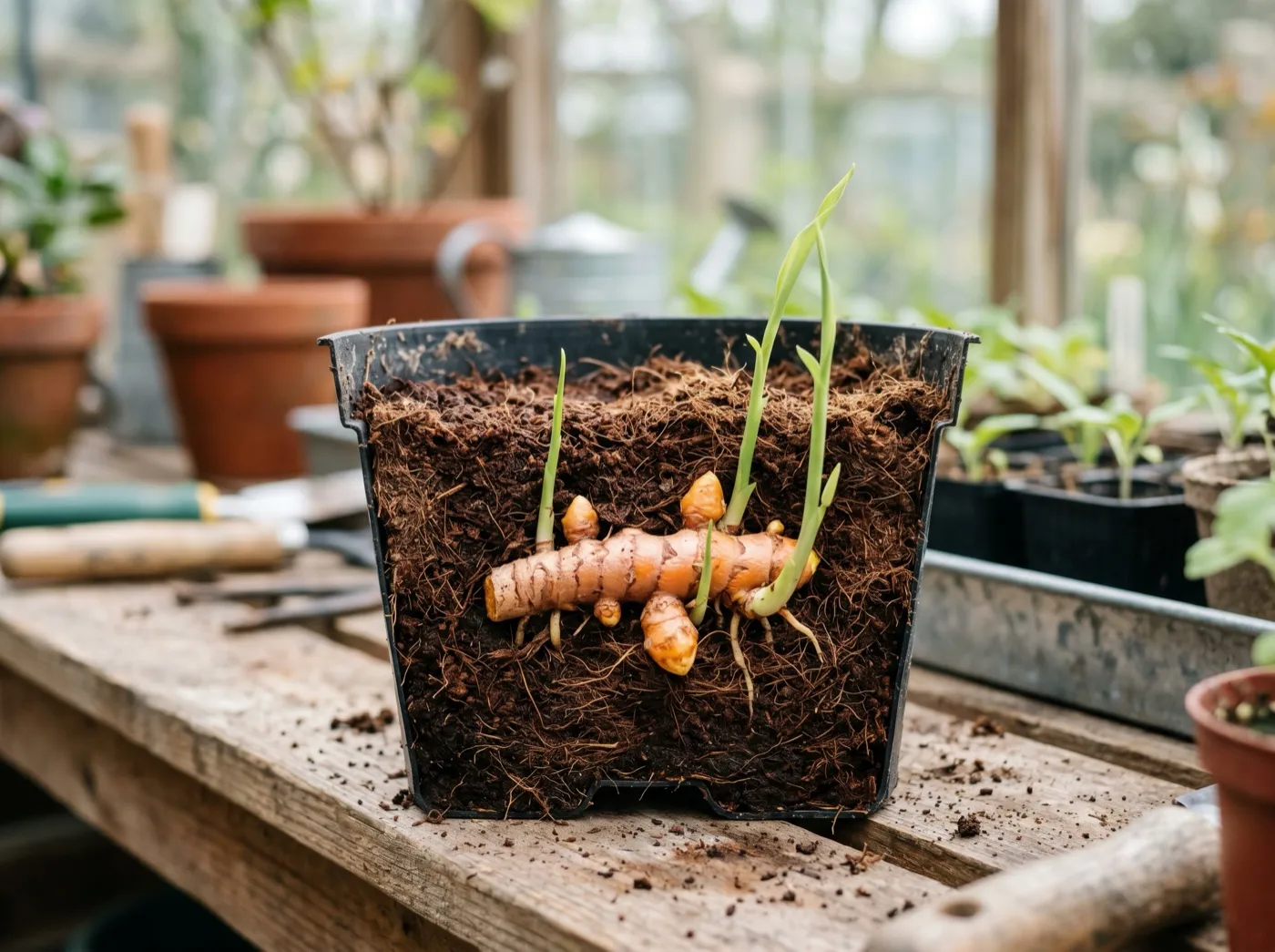 Sprouted turmeric rhizome with green buds laid horizontally in moist coir at correct planting depth