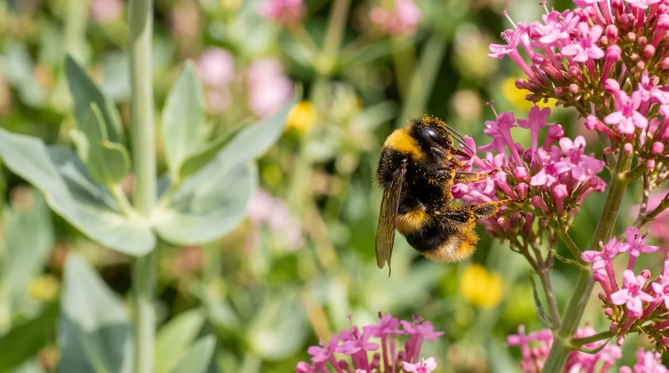 Bumblebee feeding on red valerian flowers in a sunny UK cottage garden border in June