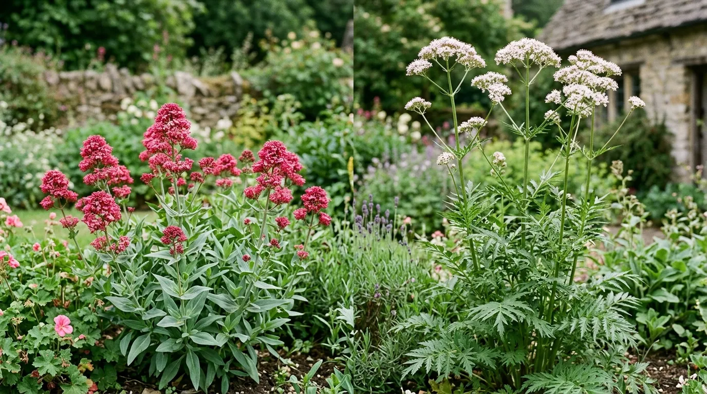 Red valerian Centranthus ruber and tall Valeriana officinalis shown side by side for identification in a UK garden