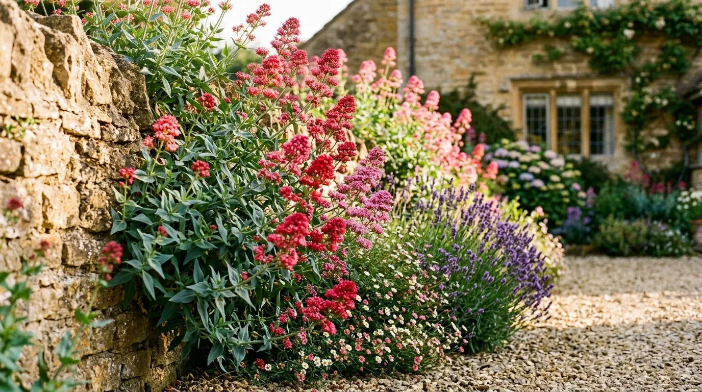 Red valerian Centranthus ruber flowering pink and crimson from a Devon coastal stone wall in full sun