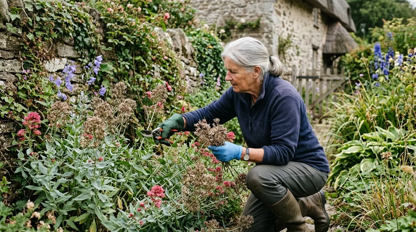 Gardener cutting back red valerian seed heads in autumn to control self-seeding in a UK border