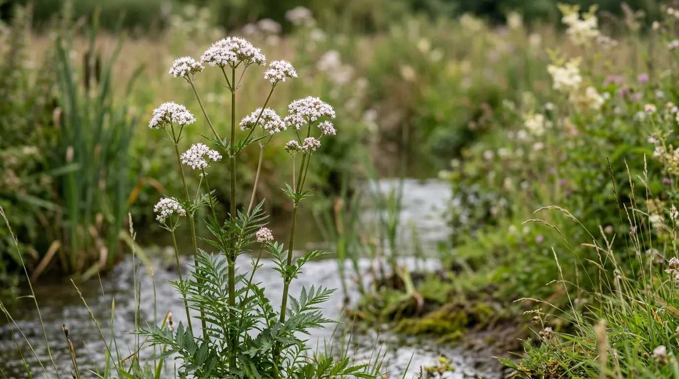 Tall common valerian Valeriana officinalis with white pink flower umbels in a damp Somerset meadow border