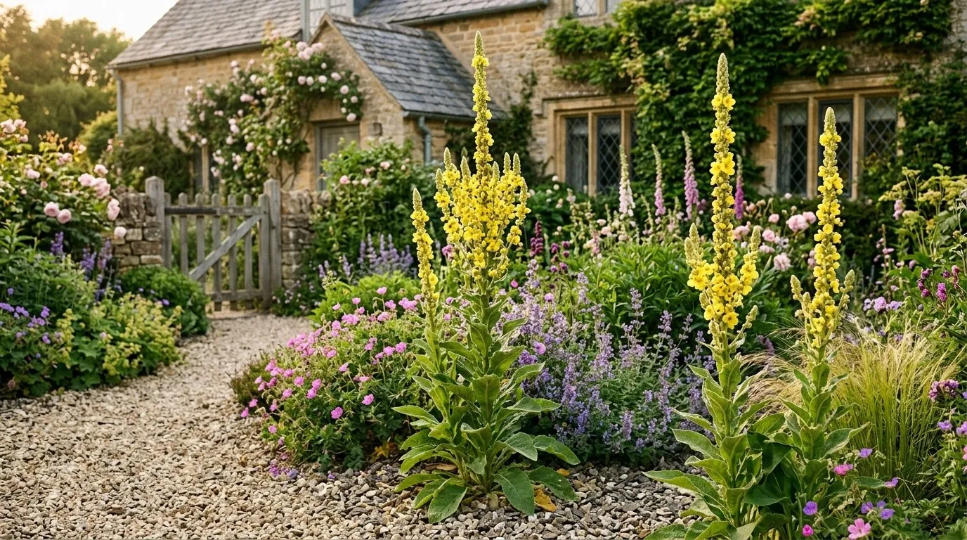 Tall verbascum mullein flower spikes in yellow in a UK gravel garden cottage setting