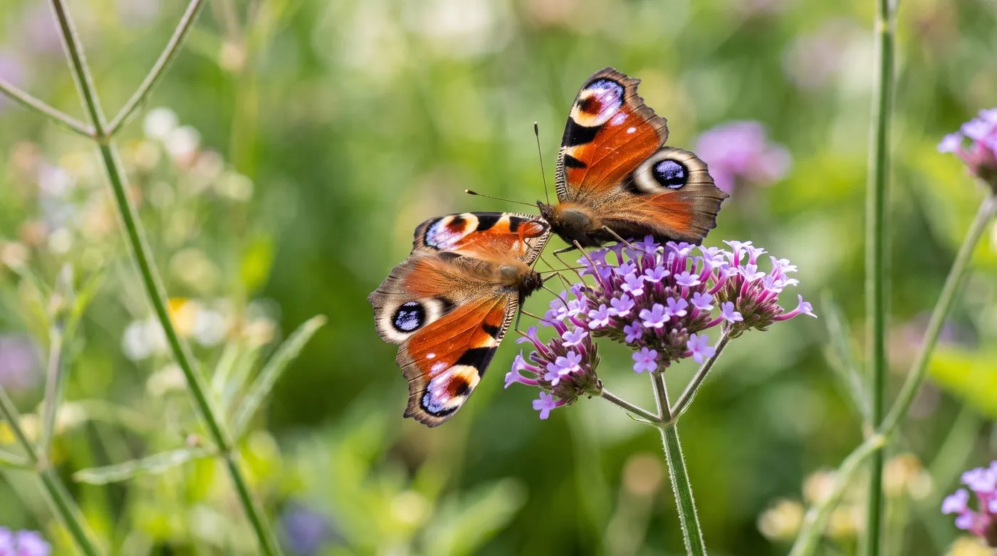 A red admiral butterfly feeding on the purple flowers of Verbena bonariensis in late summer sunshine