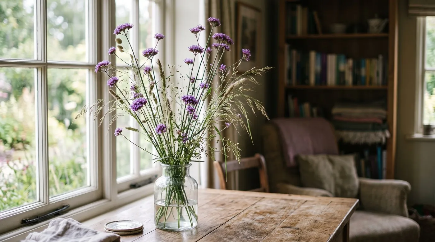 Airy purple Verbena bonariensis stems arranged in a vase with other cut flowers on a kitchen table
