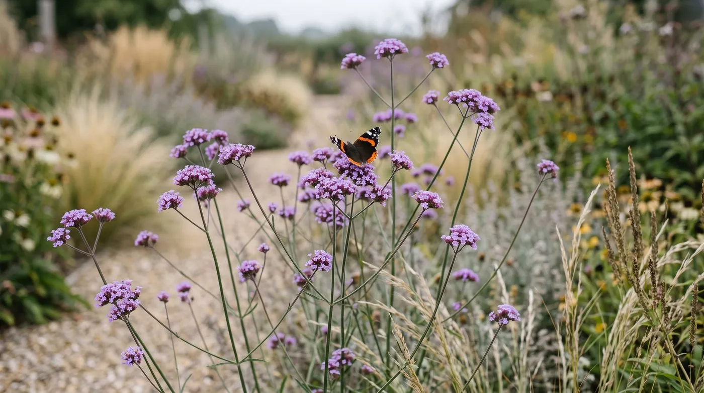 Tall Verbena bonariensis with purple flower clusters swaying above a sunny UK prairie-style border