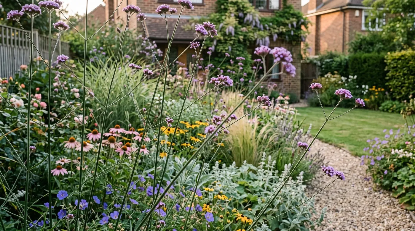 Purple Verbena bonariensis planted at the front of a border so the rest of the garden shows through the airy stems