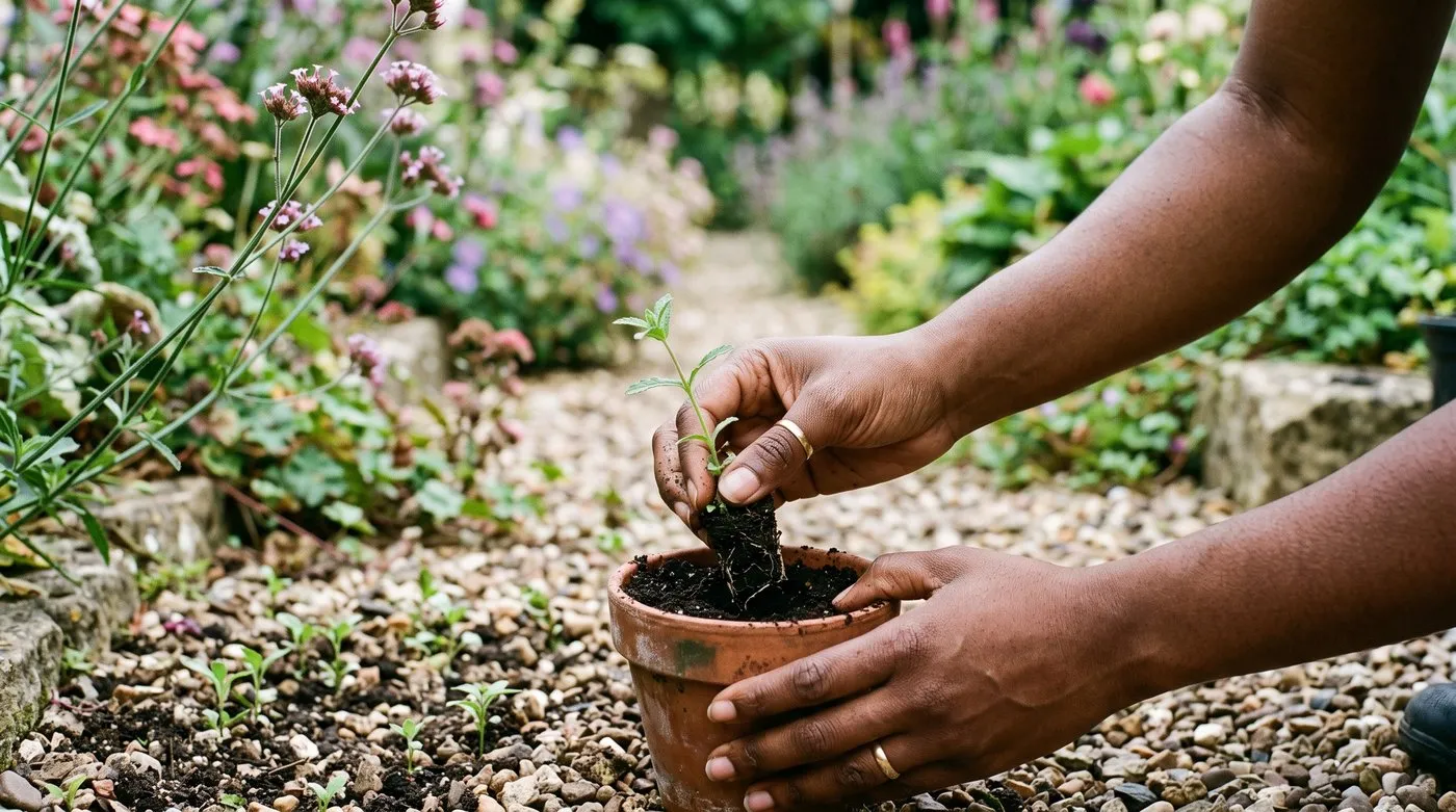Hands pricking out a self-sown Verbena bonariensis seedling with a trowel to transplant it in spring
