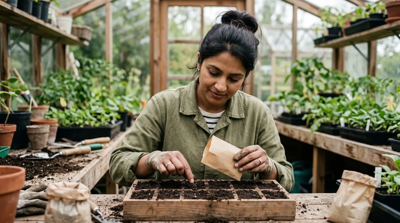 A gardener surface-sowing fine Verbena bonariensis seed into a module tray on a potting bench