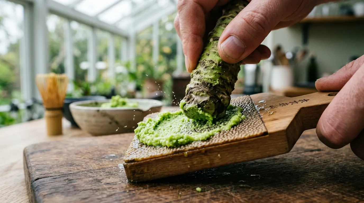 Sharkskin oroshigane being used to grate fresh wasabi rhizome into bright green paste