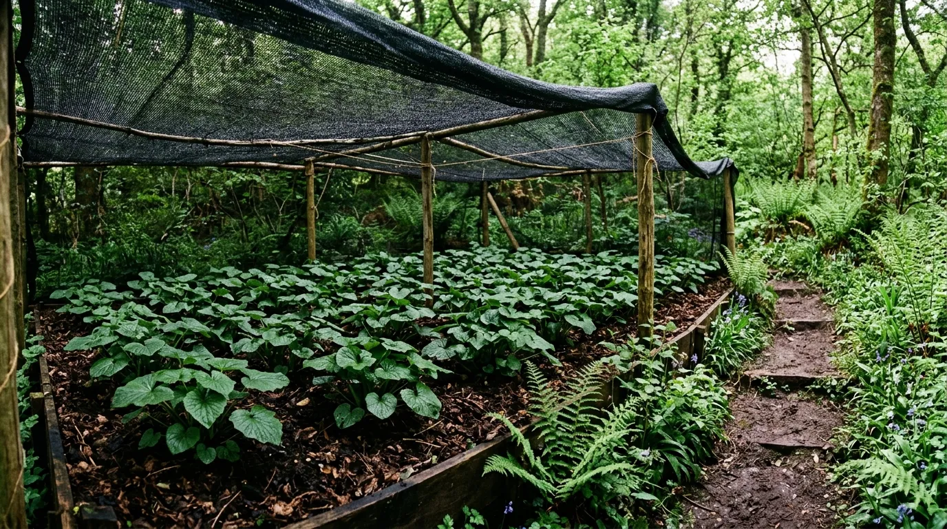 Soil-grown wasabi bed under dense shade cloth in a Devon woodland garden mulched with leaf mould