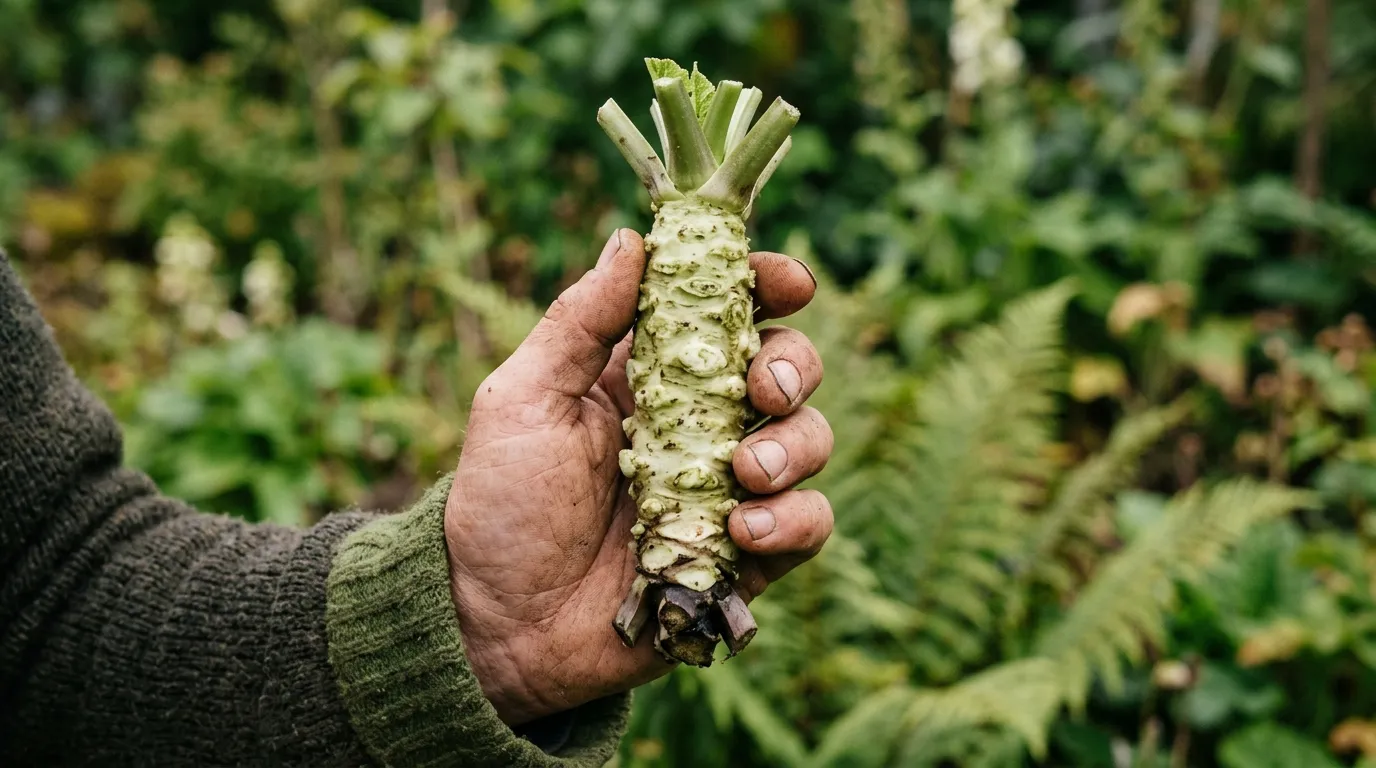 Freshly harvested 18cm wasabi rhizome held in a hand cleaned of soil with knobbly green-white surface