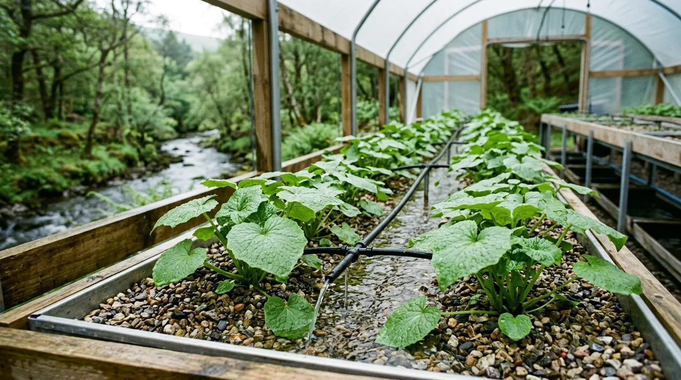 Wasabi plants growing in a shallow flowing-water tray with washed gravel substrate and drip system