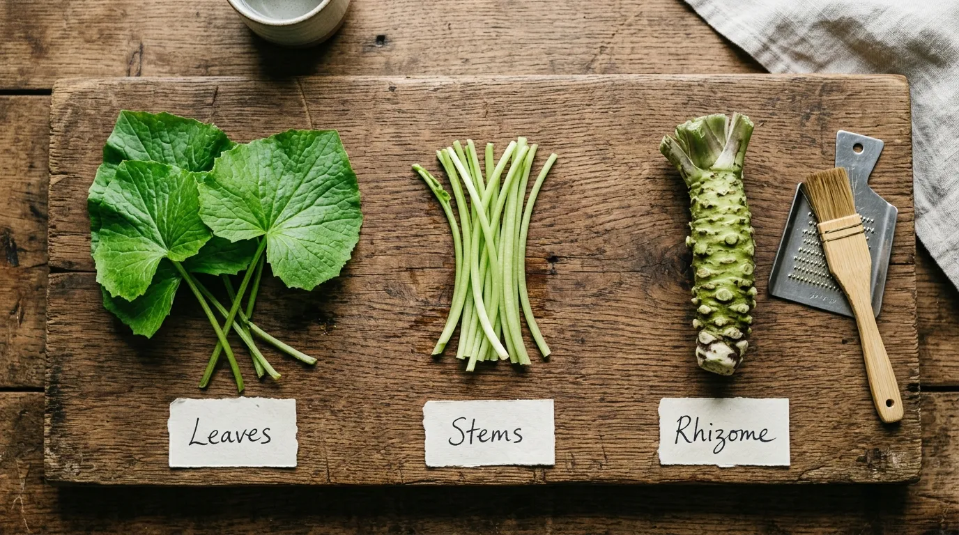 Diagnostic flat-lay showing the three edible parts of a wasabi plant labelled leaves stems and rhizome