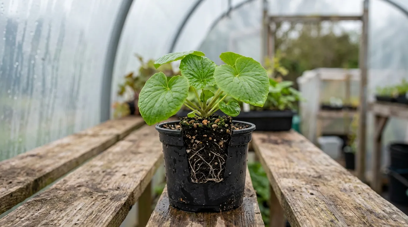 Young wasabi plug plant in a 9cm pot ready for planting in a Staffordshire polytunnel