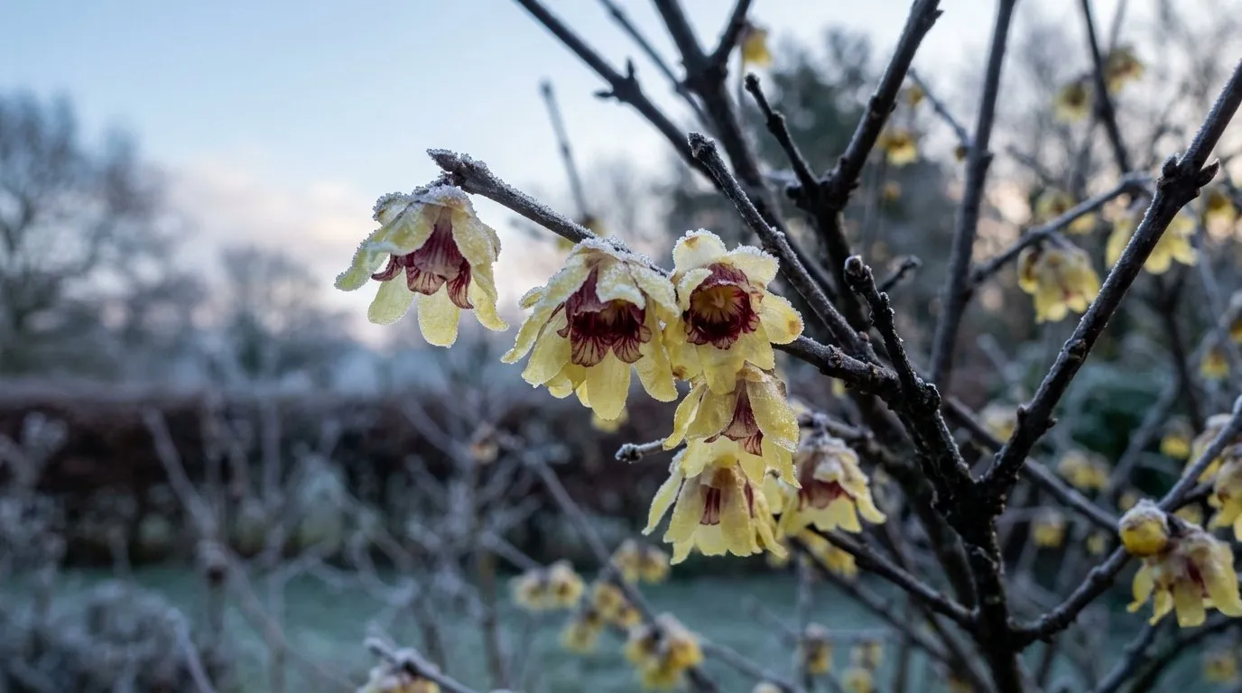 Waxy translucent pale-yellow wintersweet flowers on bare winter branches with frost in a UK garden