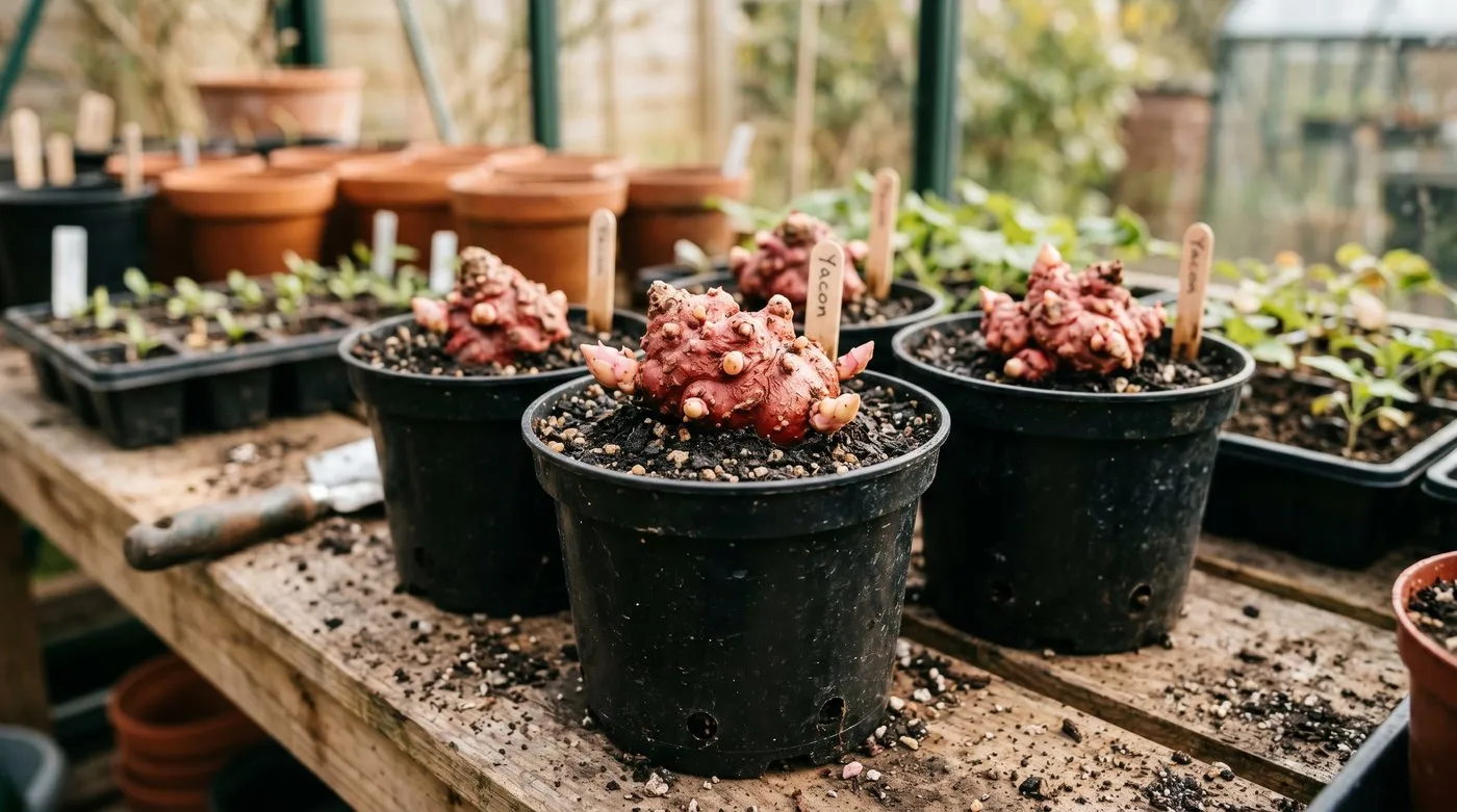 Knobbly pinkish-red yacon propagation crowns potted up individually in spring on a greenhouse bench