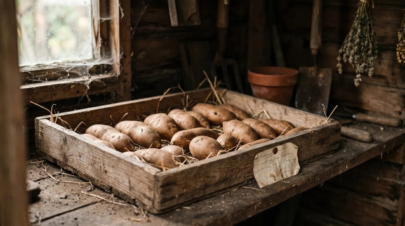 Freshly lifted yacon storage tubers laid out to cure in a frost-free UK shed to build sweetness