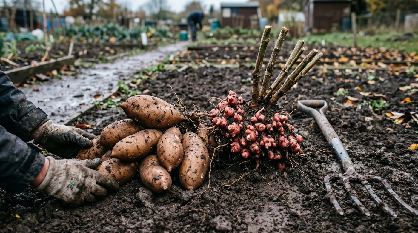 Freshly lifted yacon clump showing large smooth brown storage tubers separated from a knot of knobbly red propagation crowns