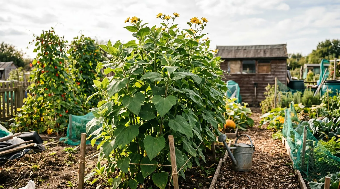 Tall green yacon plants flowering with small yellow daisies on a sunny West Midlands allotment in late summer