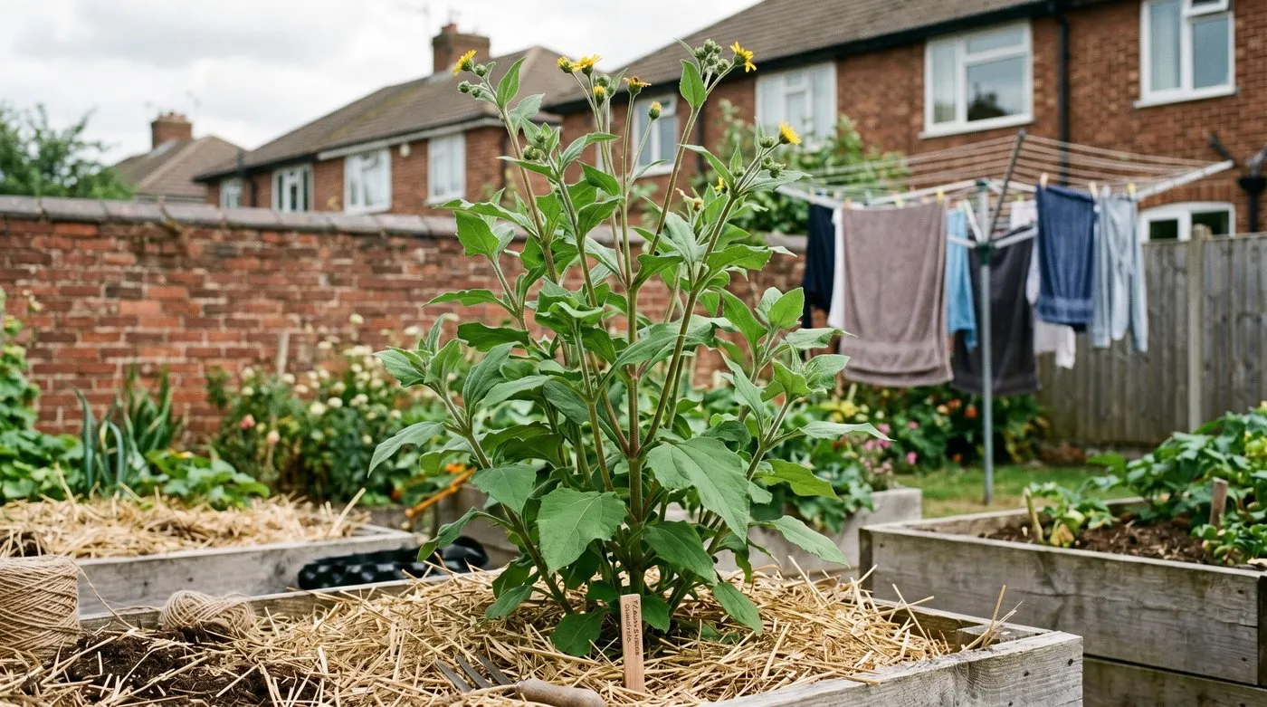 A mature yacon plant 1.8m tall with large soft green leaves growing in a mulched allotment bed in August