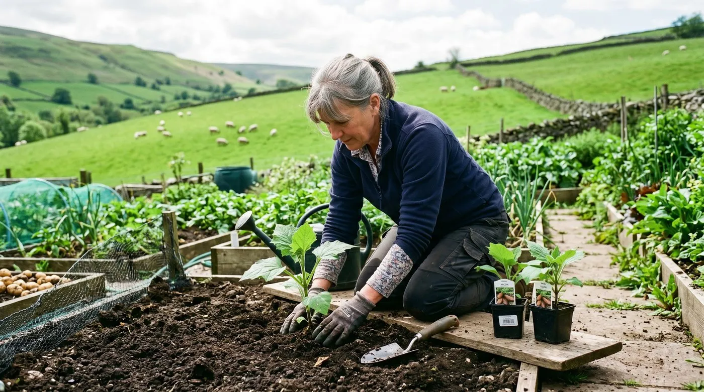 Young yacon plants being planted out into rich soil in a UK allotment bed after the last frost