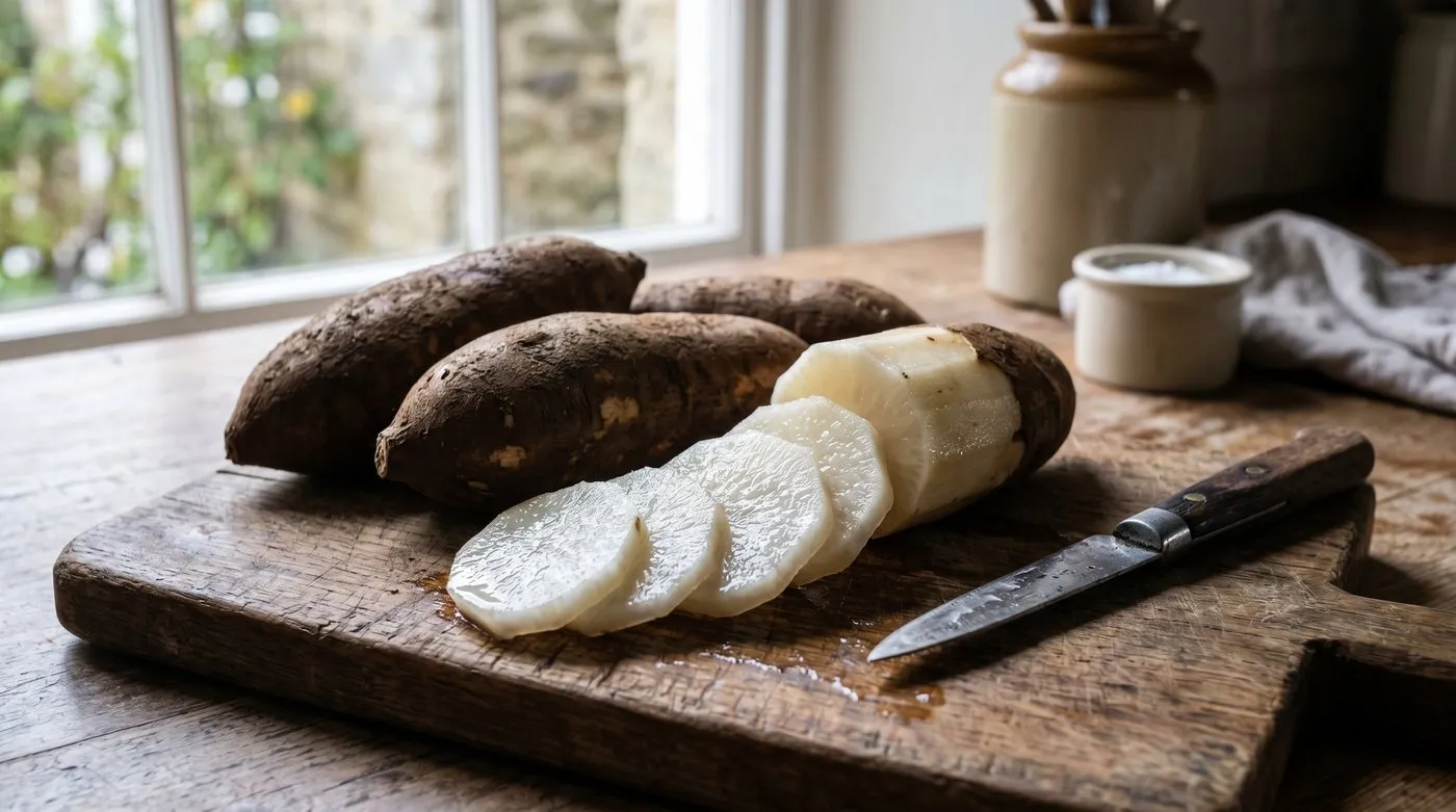 Sliced raw cured yacon tubers on a wooden board showing crisp white juicy flesh ready to eat like fruit